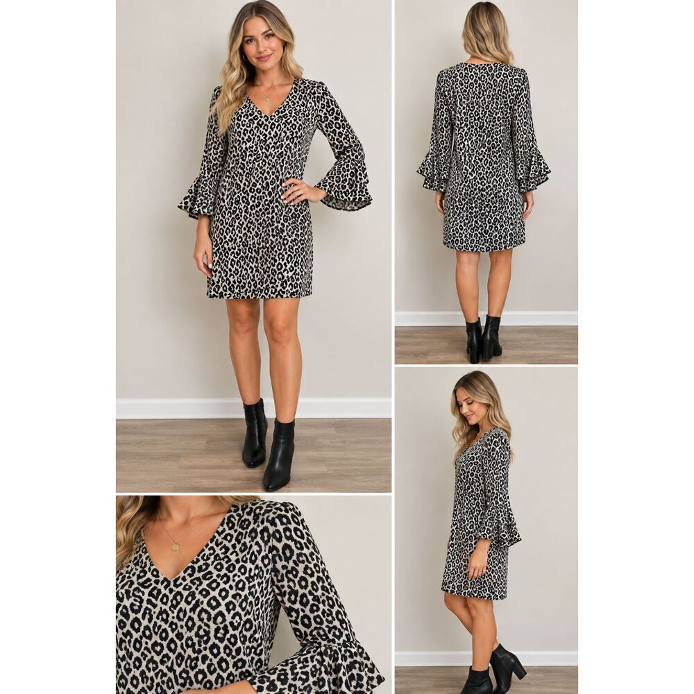 Trina Turk Leopard Print Ruffle Long Sleeve Dress Sexy 6 2007363KN1 Feminine